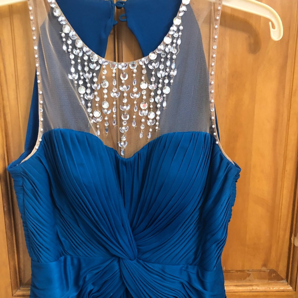 Turquoise blue Adrianna Papell evening gown with jeweled neckline